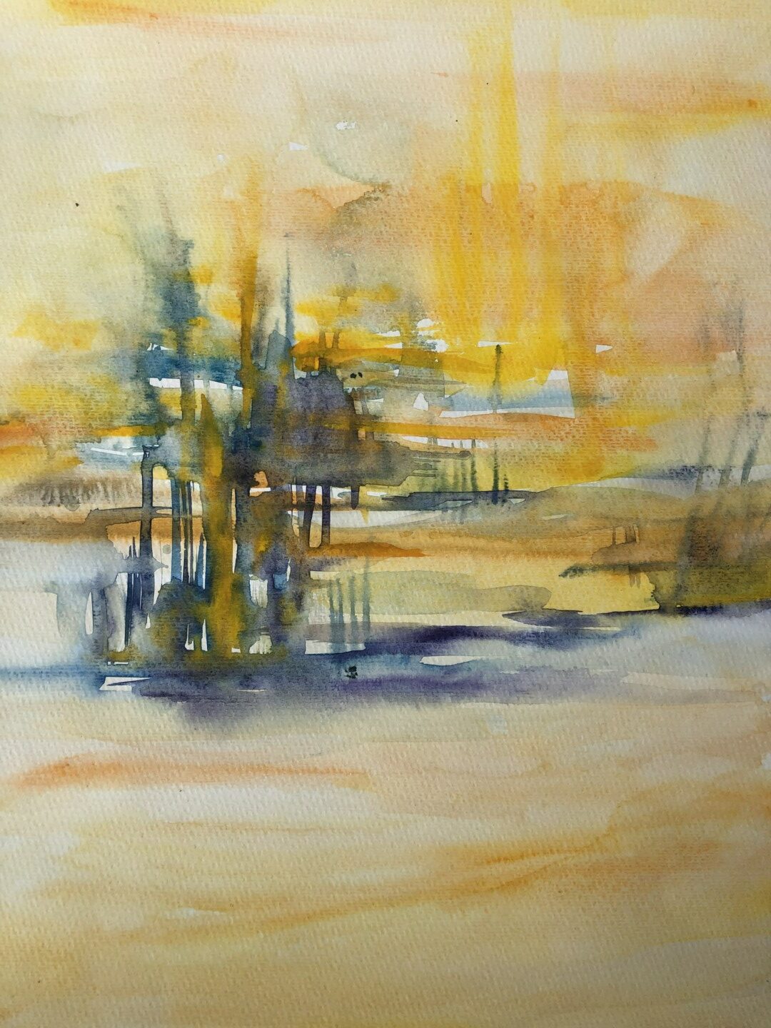 Abstrakta glezna, izmantojot akvareļatehnikā, ūdens un saules motīvs