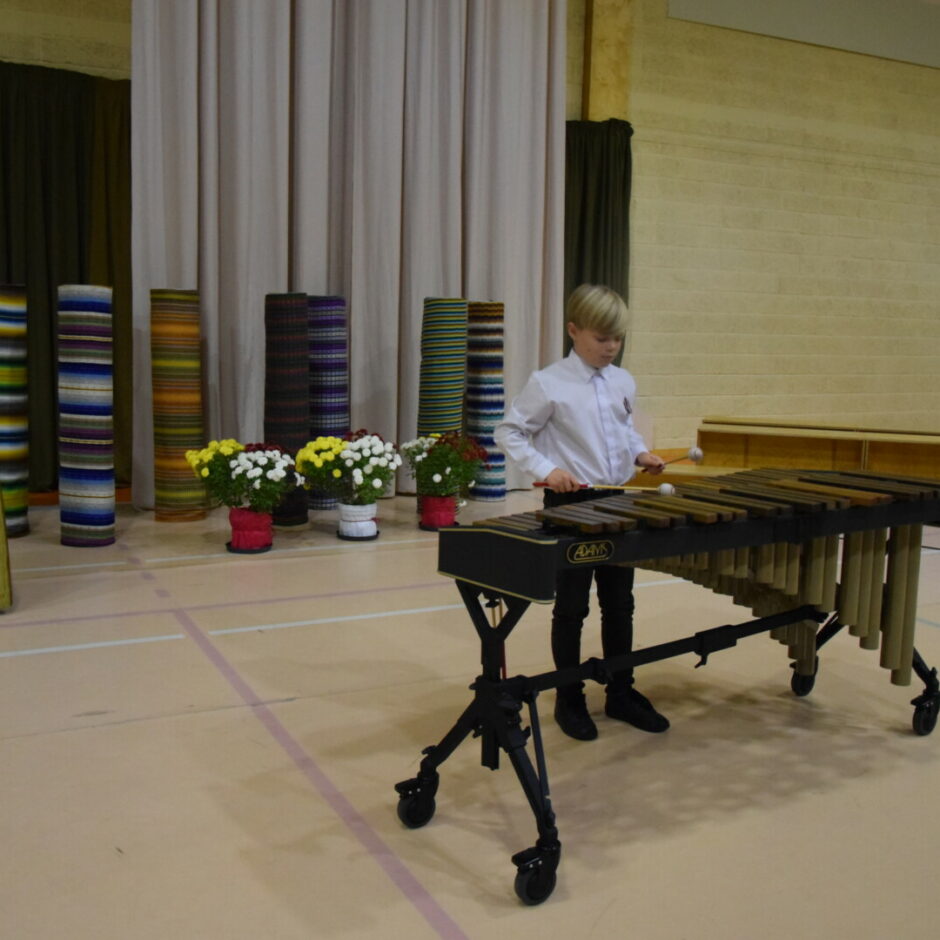 Audzēknis spēlē marimbu 16. novembra koncertā Staļģenes vidusskolā par godu Latvijas Valsts svētkiem