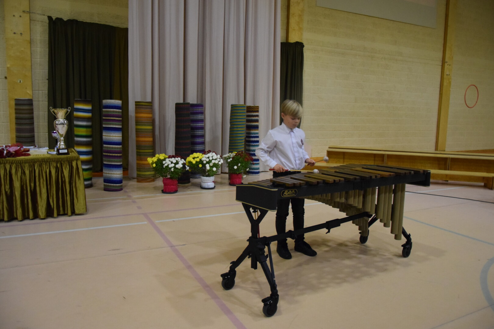 Audzēknis spēlē marimbu 16. novembra koncertā Staļģenes vidusskolā par godu Latvijas Valsts svētkiem