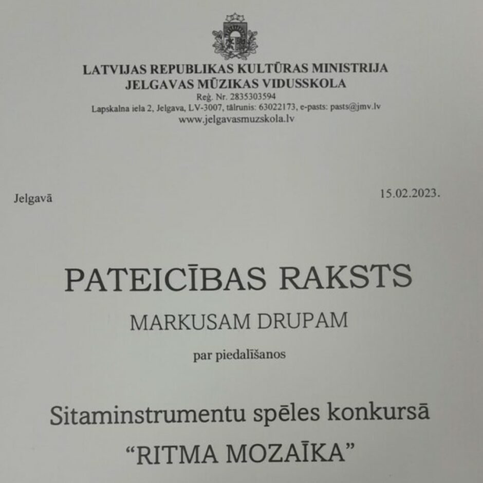 Pateicības raksts Markusam Drupam par piedalīšanos konkursā Ritma mozaīka