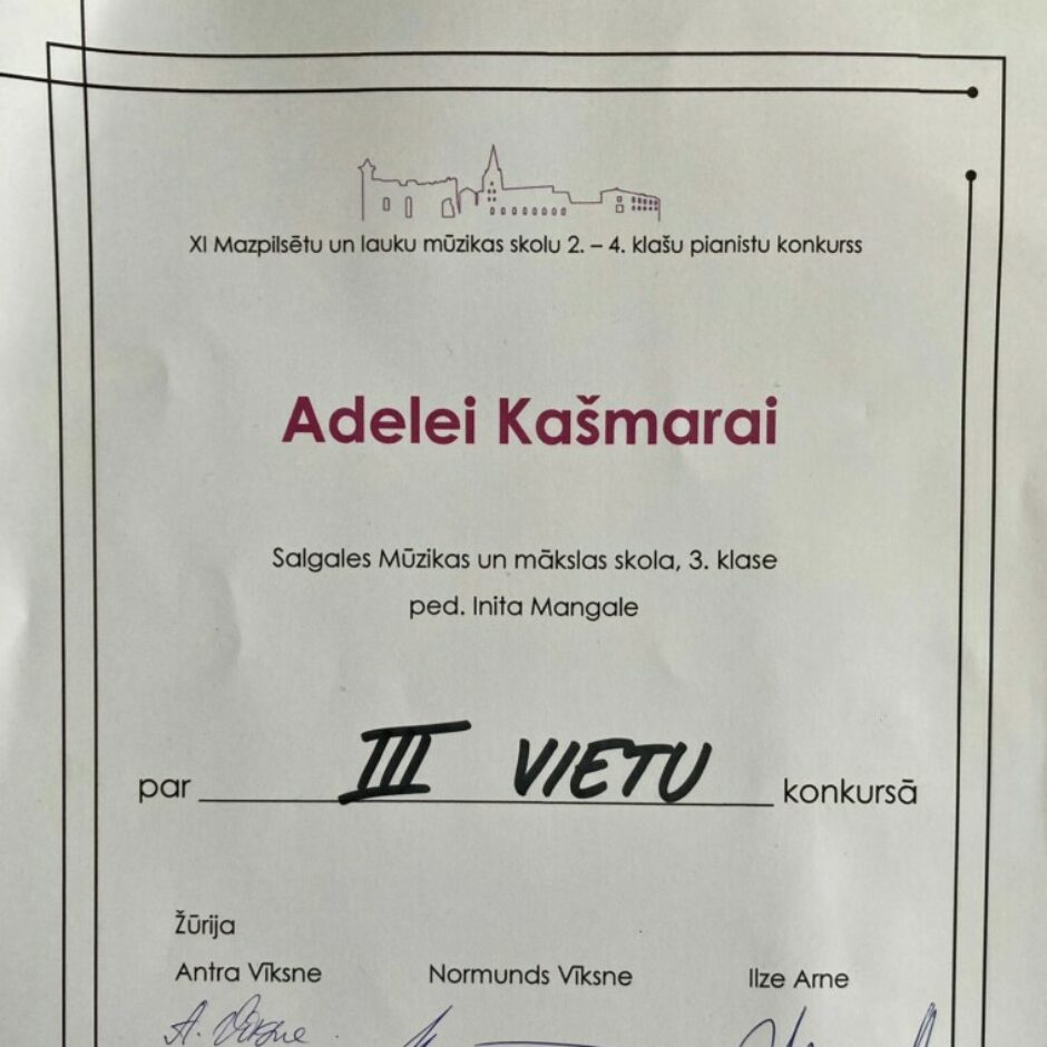 Adeles diploms par iegūto III vietu konkursā