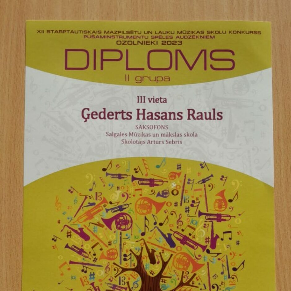 Saksofona spēles audzēkņa 'Hasana Raula Ģederta III vietas diploms
