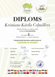 Diploms kristianam Kārlim Ceļmilleram par iegūto 2. vietu konkursā